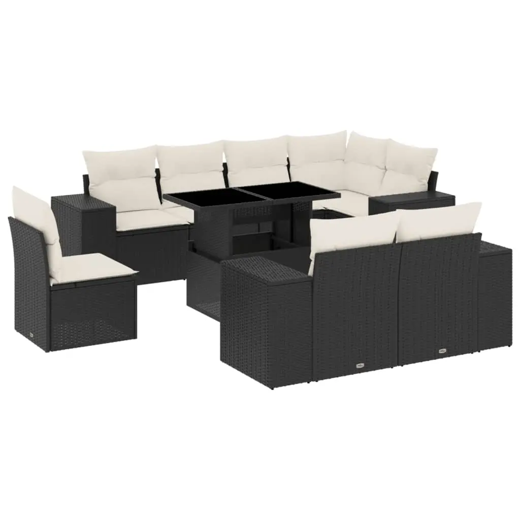 9 Piece Garden Sofa Set with Cushions Black Poly Rattan 3269296 - Furniture