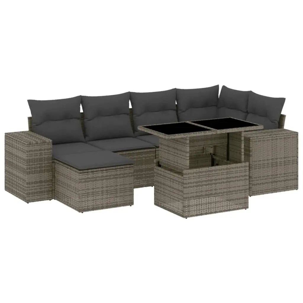 7 Piece Garden Sofa Set with Cushions Grey Poly Rattan 3269310 - Furniture