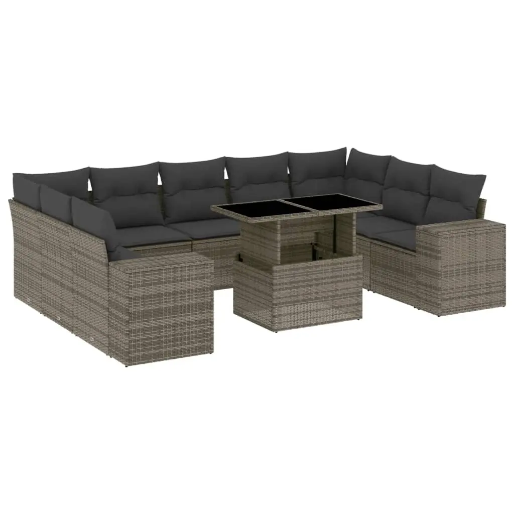 10 Piece Garden Sofa Set with Cushions Grey Poly Rattan 3269370 - Furniture