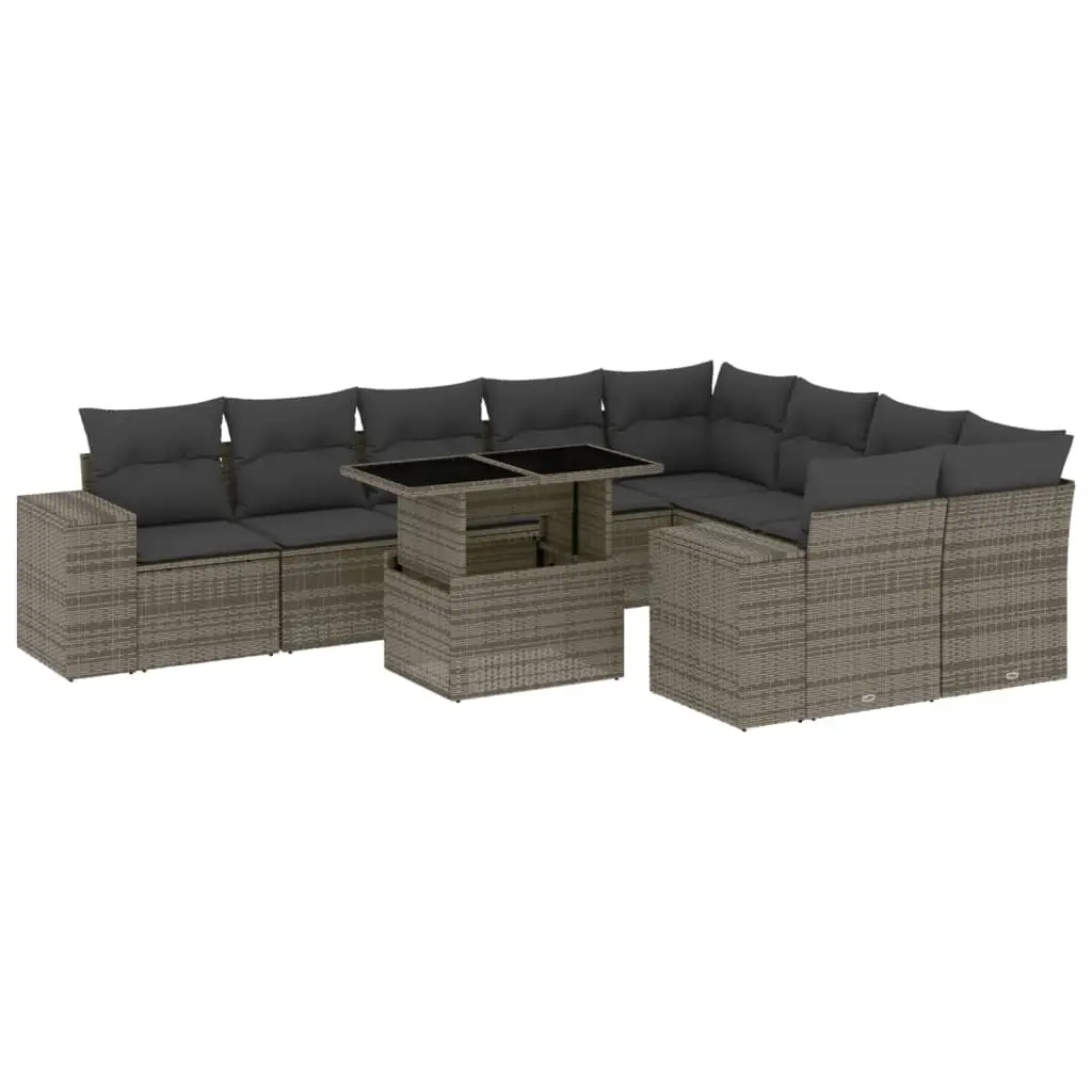 10 Piece Garden Sofa Set with Cushions Grey Poly Rattan 3269390 - Furniture
