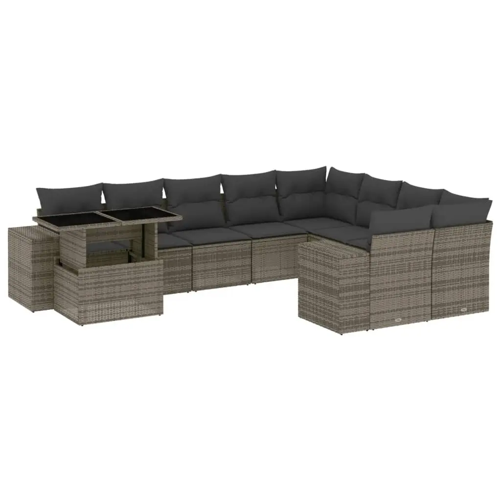 10 Piece Garden Sofa Set with Cushions Grey Poly Rattan 3269400 - Furniture