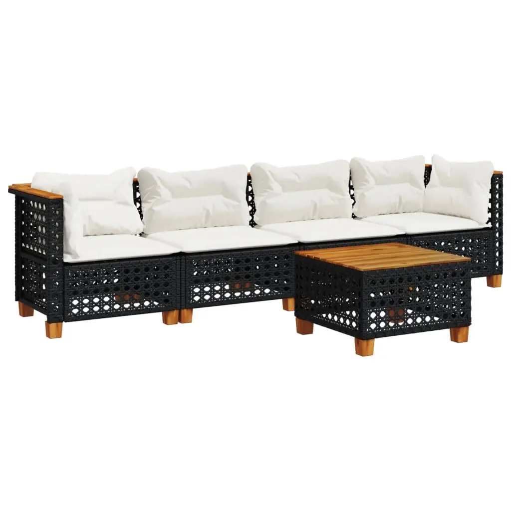 5 Piece Garden Sofa Set with Cushions Black Poly Rattan 3261728 - Furniture