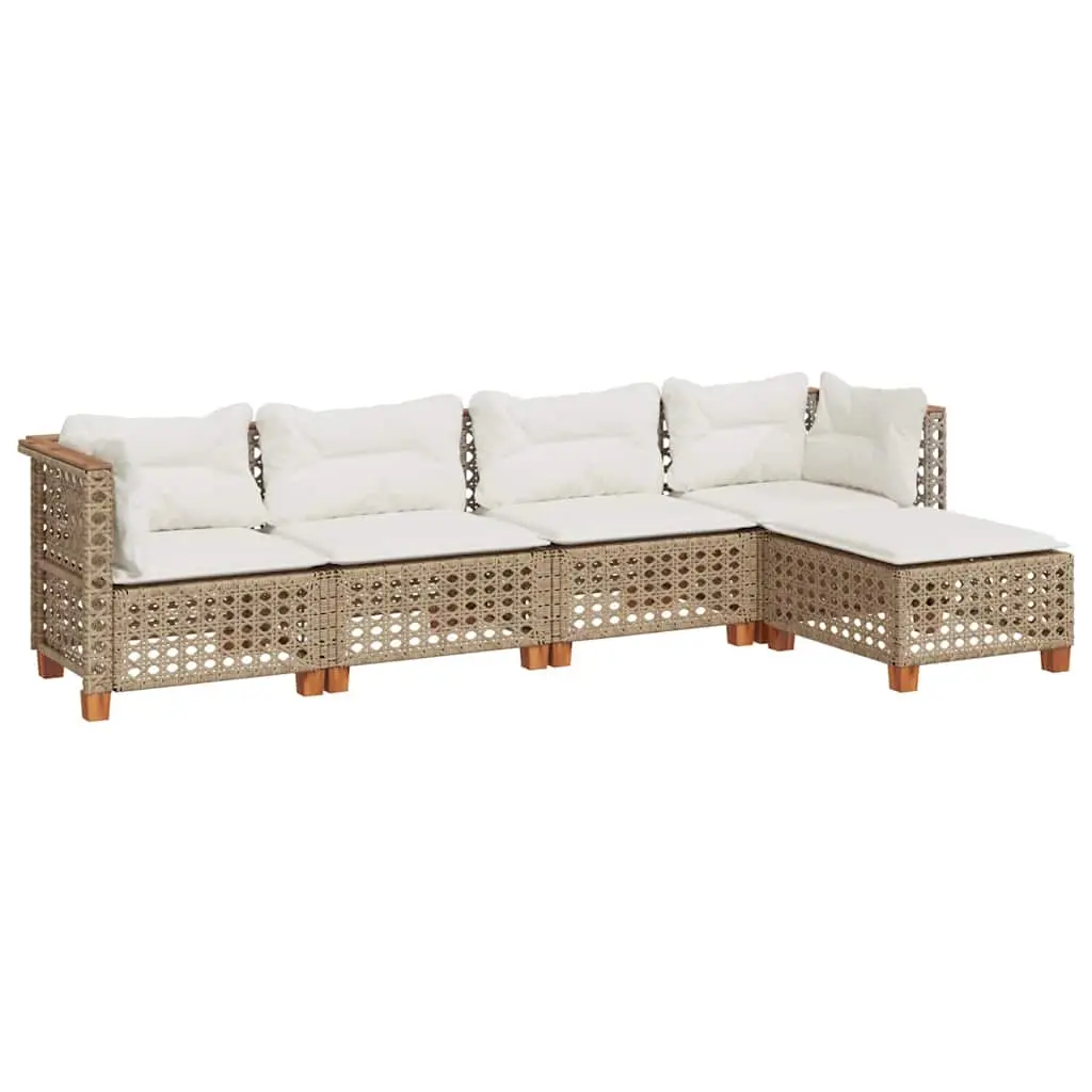 5 Piece Garden Sofa Set with Cushions Beige Poly Rattan 3261790 - Furniture