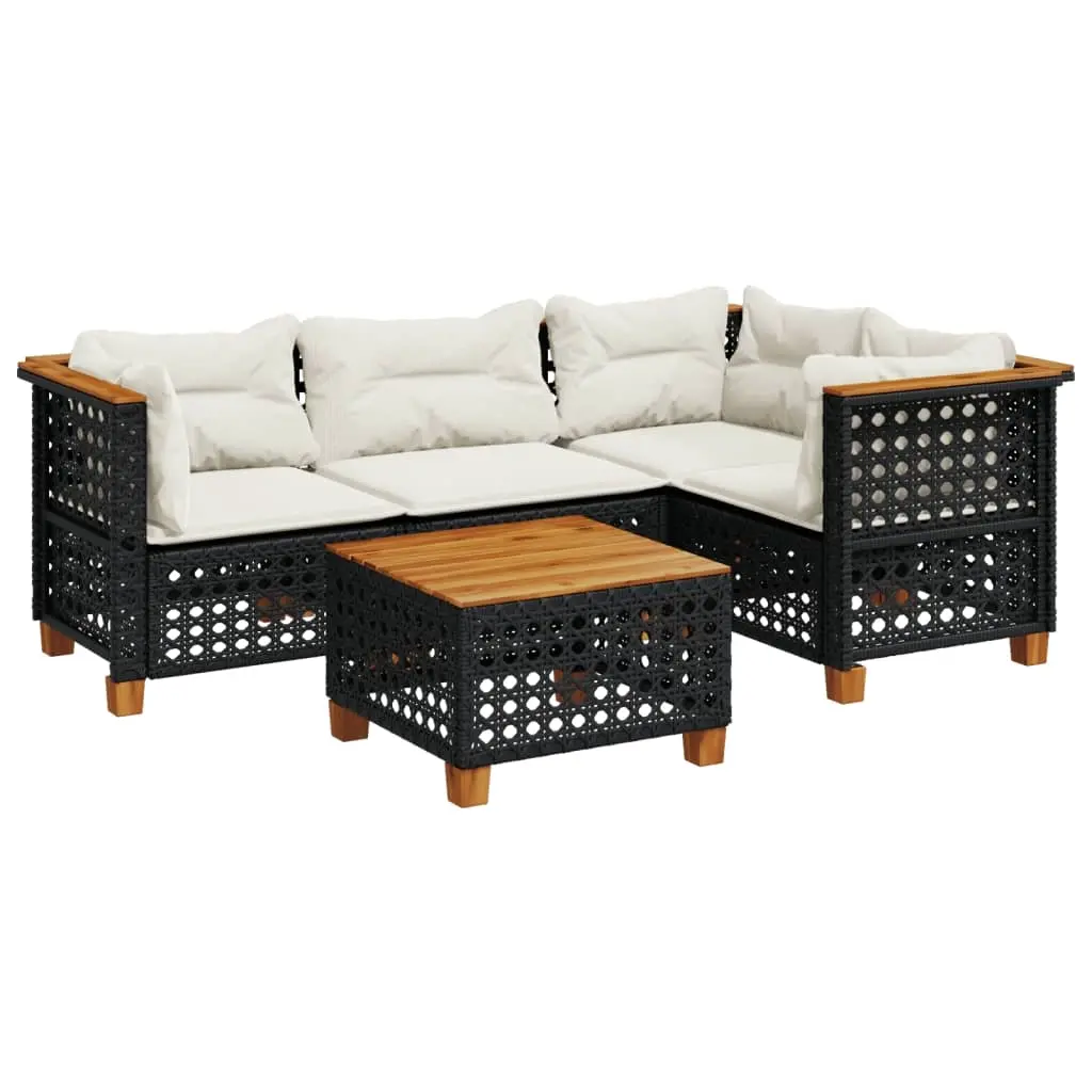 5 Piece Garden Sofa Set with Cushions Black Poly Rattan 3261806 - Furniture