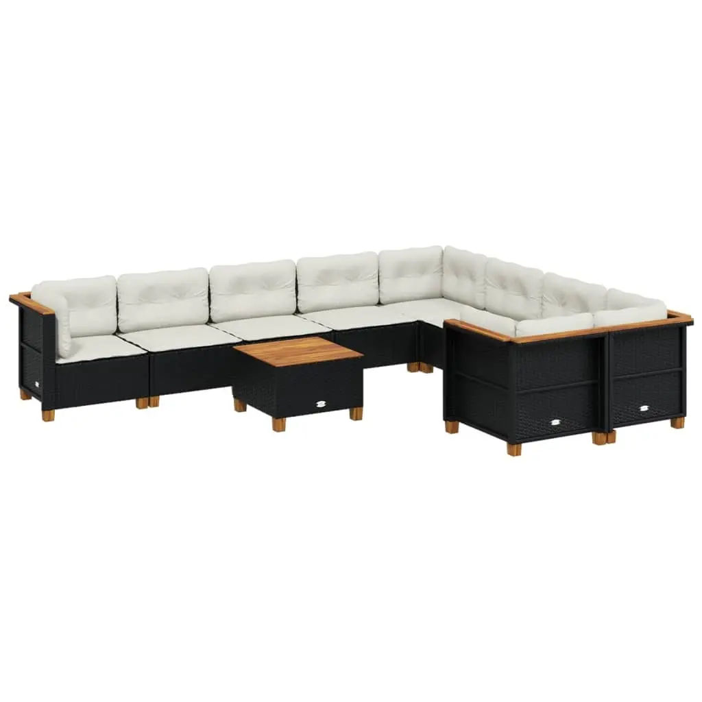 10 Piece Garden Sofa Set with Cushions Black Poly Rattan 3262007 - Furniture