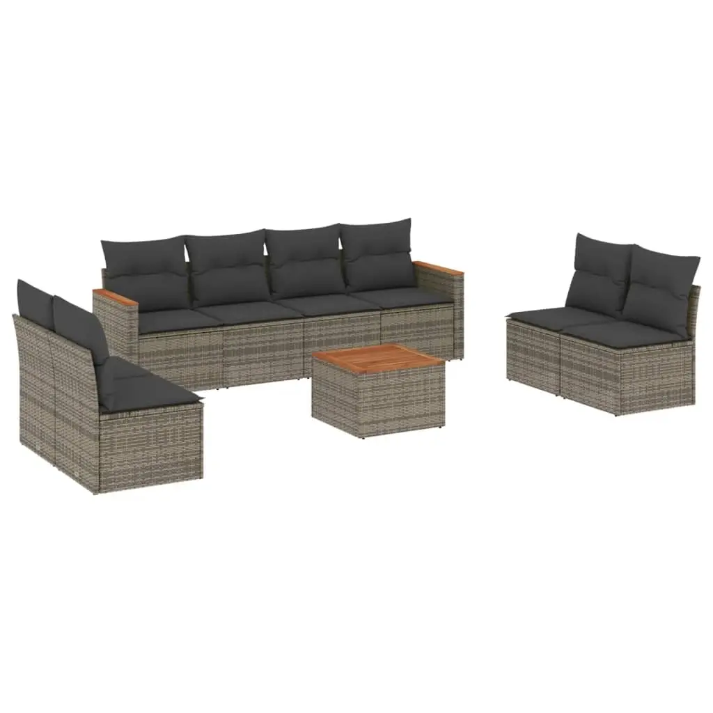 9 Piece Garden Sofa Set with Cushions Grey Poly Rattan 3258301 - Furniture
