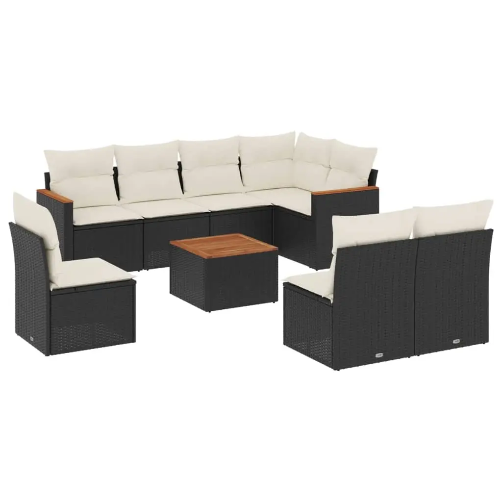 9 Piece Garden Sofa Set with Cushions Black Poly Rattan 3258451 - Furniture