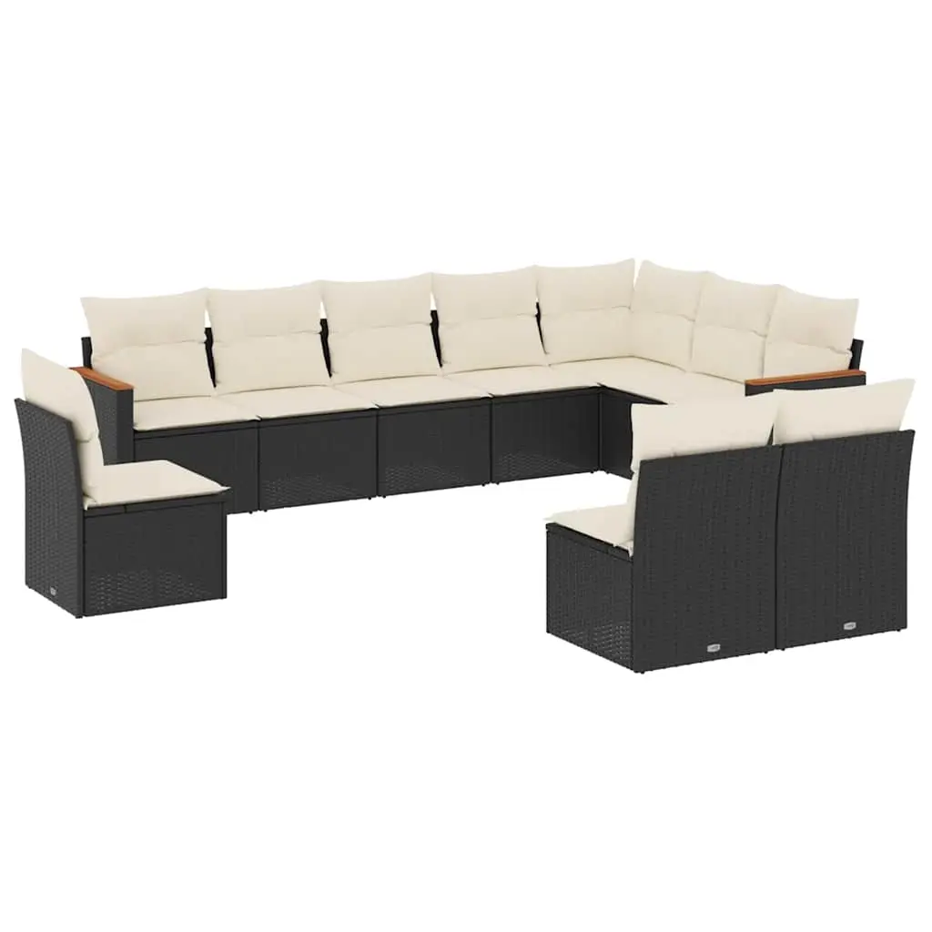 10 Piece Garden Sofa Set with Cushions Black Poly Rattan 3258472 - Furniture