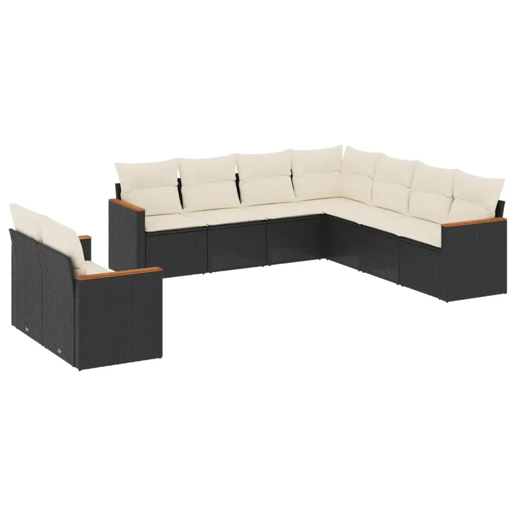9 Piece Garden Sofa Set with Cushions Black Poly Rattan 3258500 - Furniture