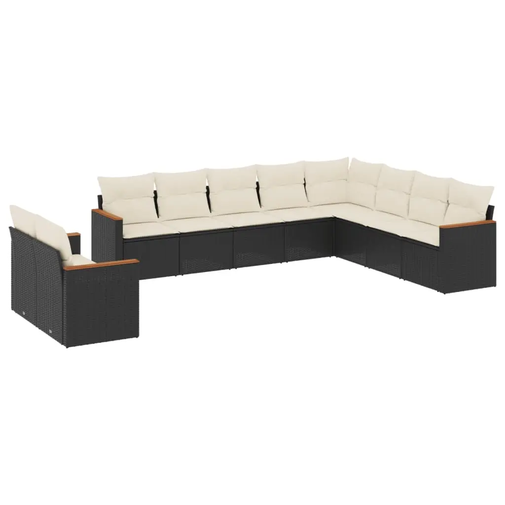 10 Piece Garden Sofa Set with Cushions Black Poly Rattan 3258514 - Furniture