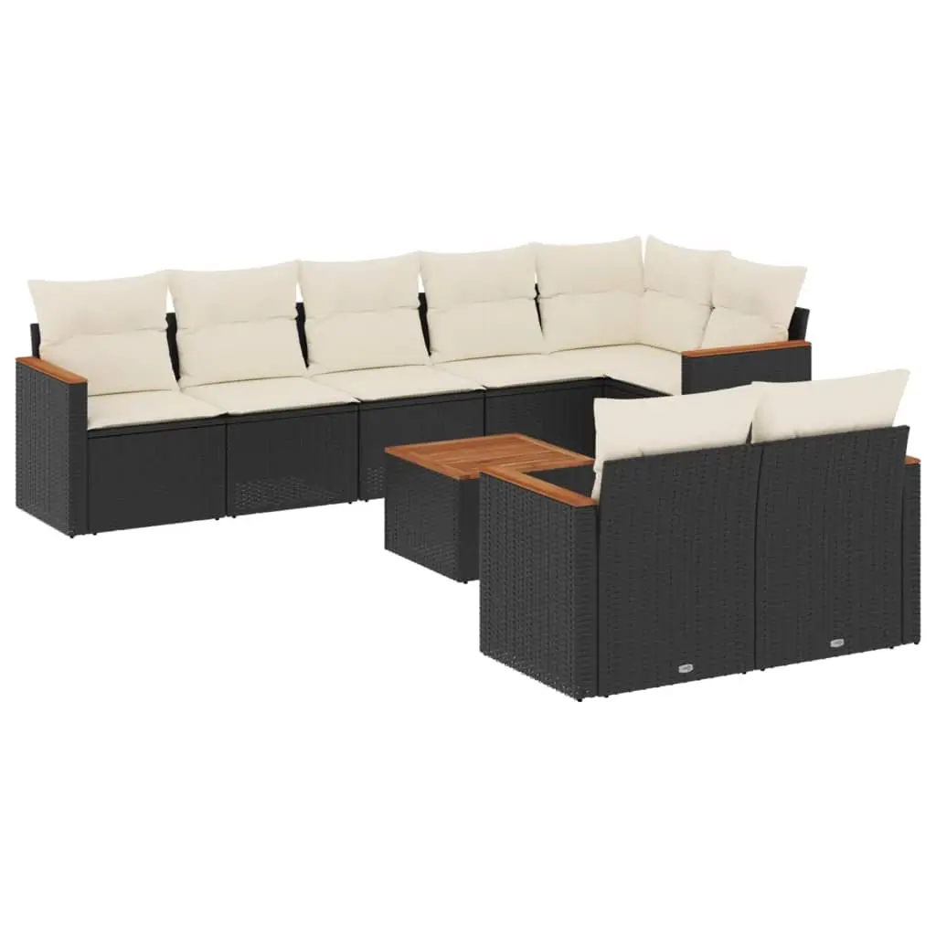 9 Piece Garden Sofa Set with Cushions Black Poly Rattan 3258556 - Furniture
