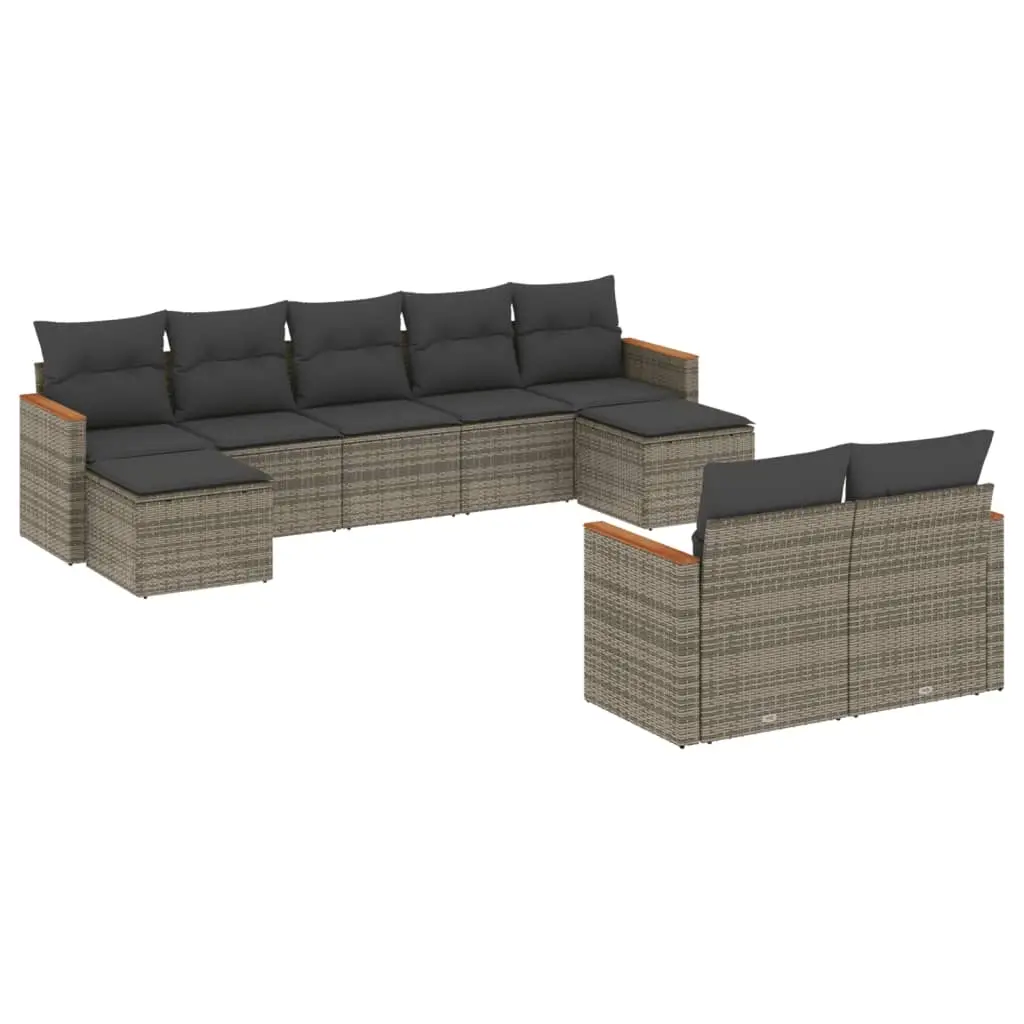 9 Piece Garden Sofa Set with Cushions Grey Poly Rattan 3258805 - Furniture