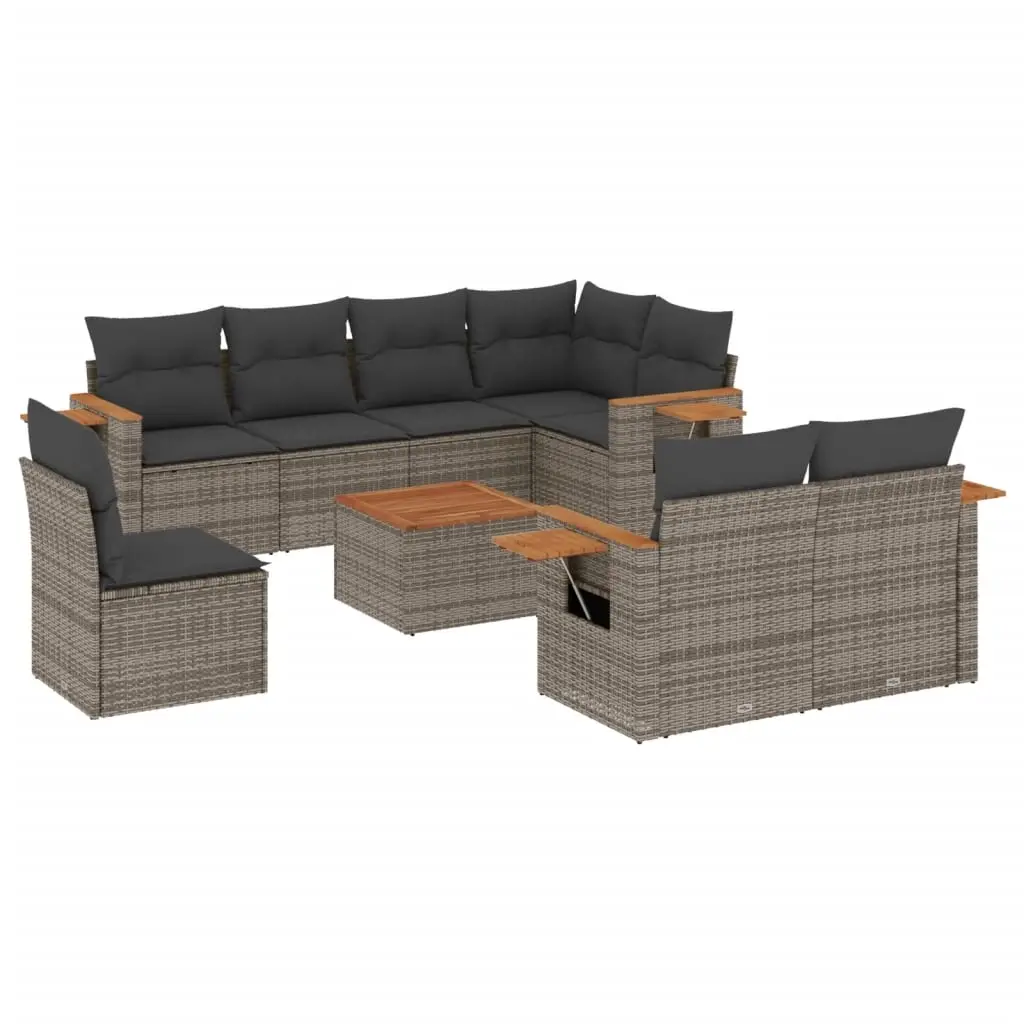 9 Piece Garden Sofa Set with Cushions Grey Poly Rattan 3259414 - Furniture