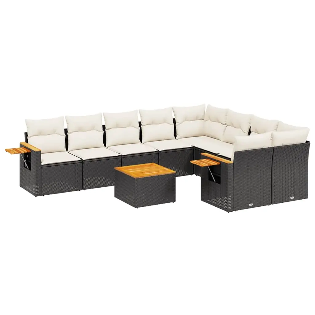 10 Piece Garden Sofa Set with Cushions Black Poly Rattan 3259550 - Furniture