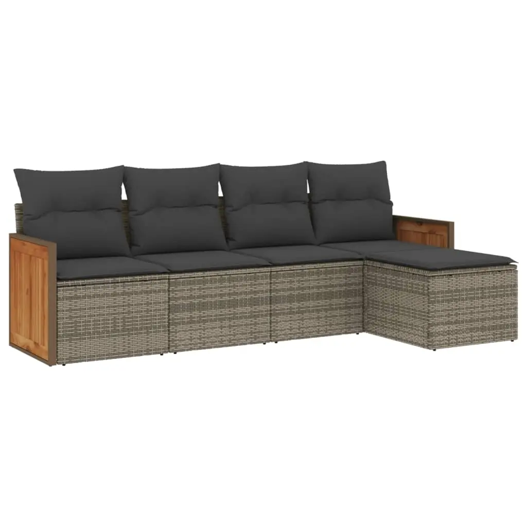 5 Piece Garden Sofa Set with Cushions Grey Poly Rattan 3260002 - Furniture