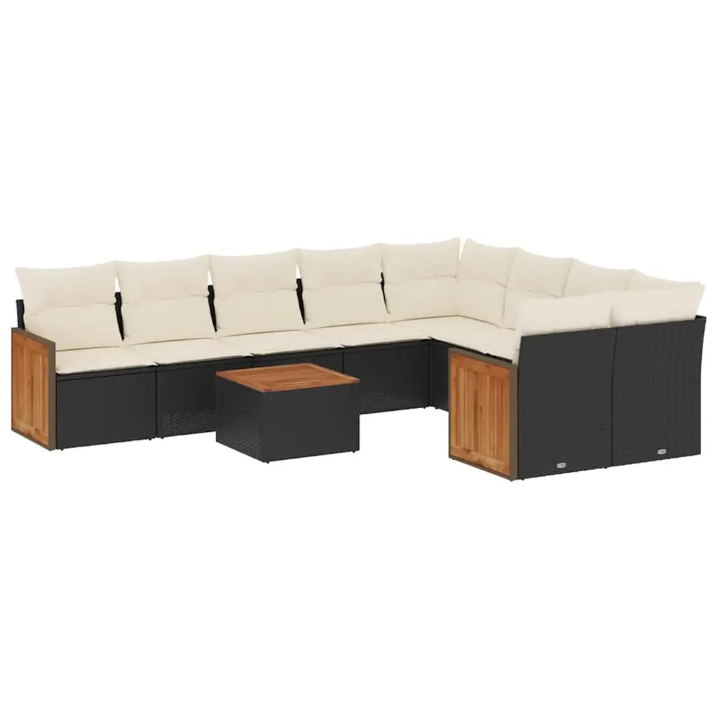 10 Piece Garden Sofa Set with Cushions Black Poly Rattan 3260390 - Furniture
