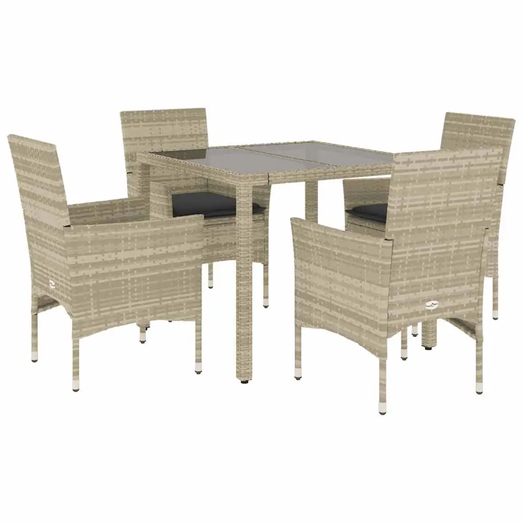 5 Piece Garden Dining Set with Cushions Light Grey Poly Rattan and Glass 3278574 - Furniture
