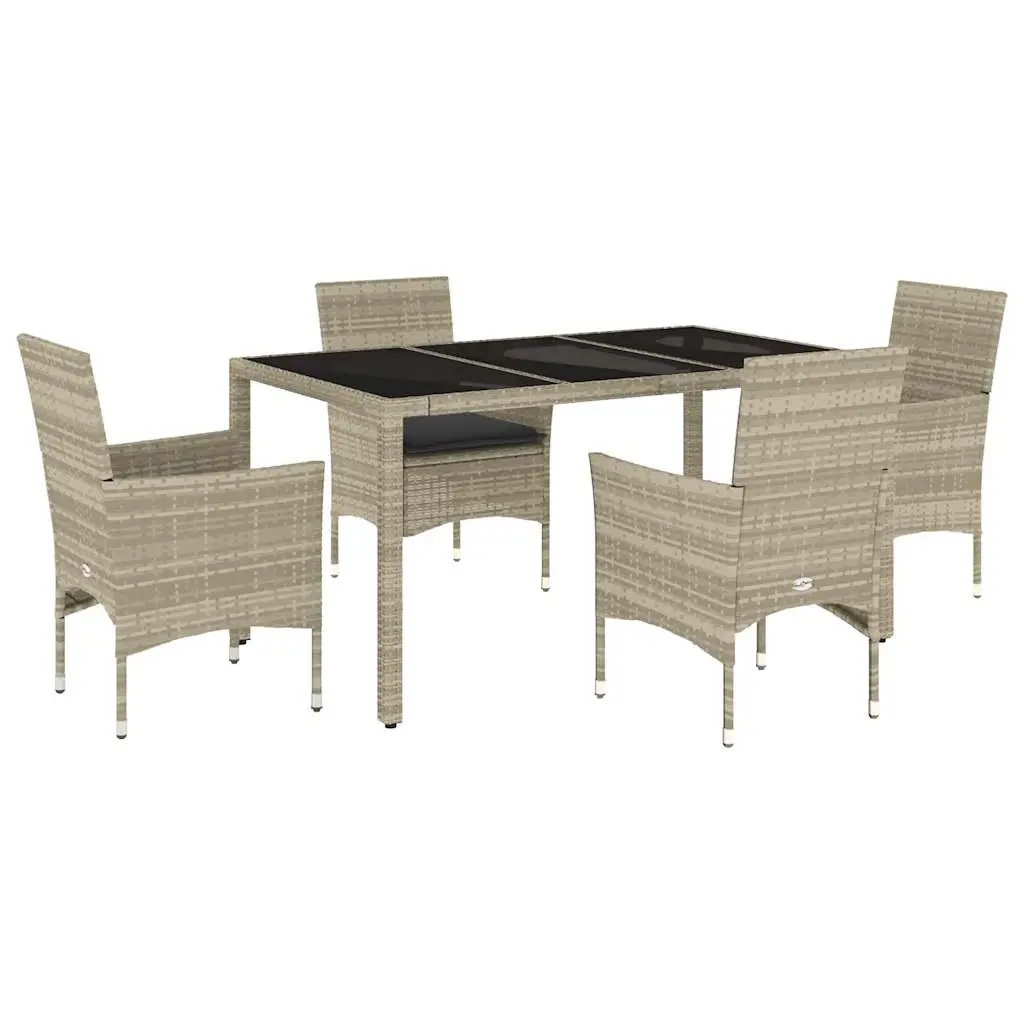 5 Piece Garden Dining Set with Cushions Light Grey Poly Rattan and Glass 3278575 - Furniture