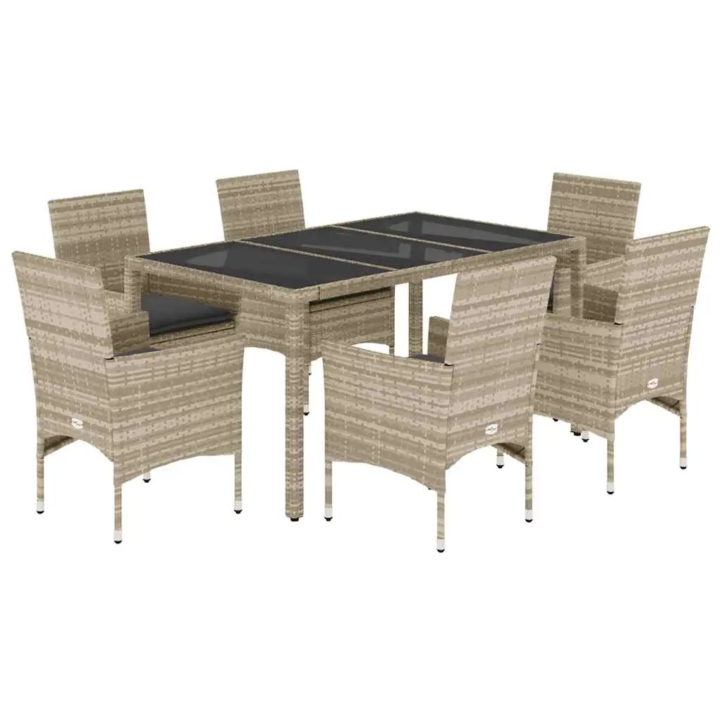 7 Piece Garden Dining Set with Cushions Light Grey Poly Rattan and Glass 3278576 - Furniture