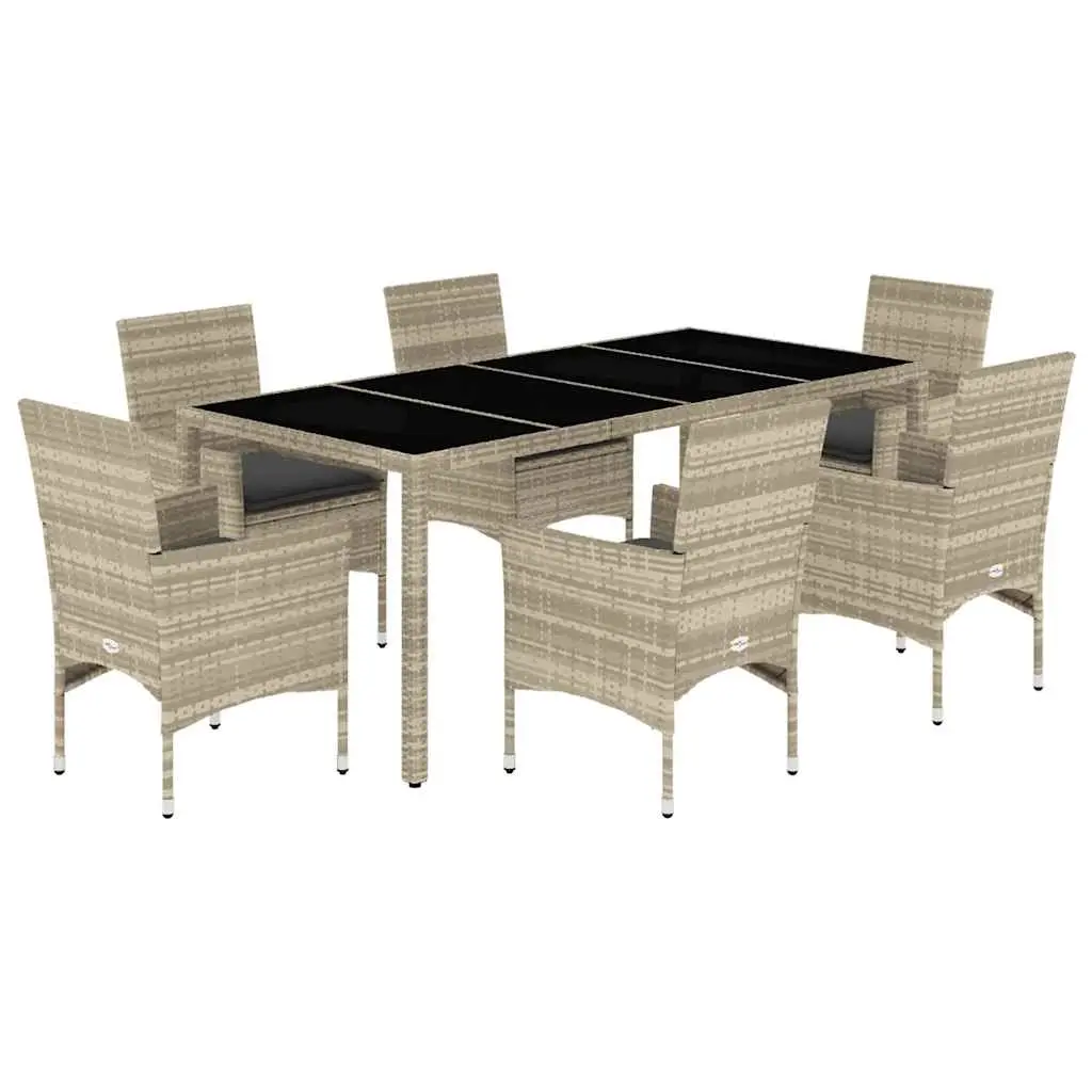 7 Piece Garden Dining Set with Cushions Light Grey Poly Rattan and Glass 3278577 - Furniture