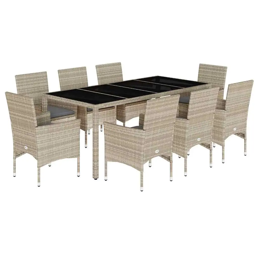 9 Piece Garden Dining Set with Cushions Light Grey Poly Rattan and Glass 3278578 - Furniture
