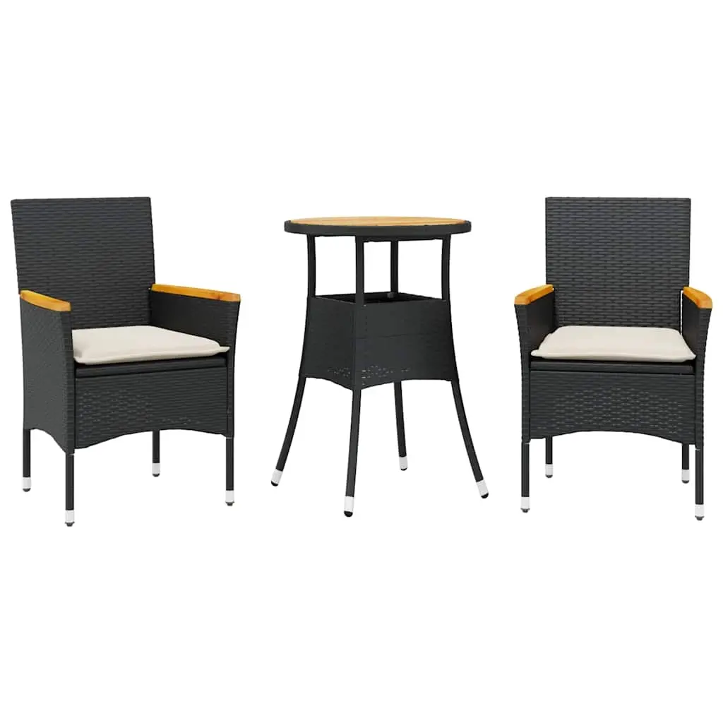 3 Piece Garden Dining Set with Cushions Black Poly Rattan and Acacia 3278717 - Furniture