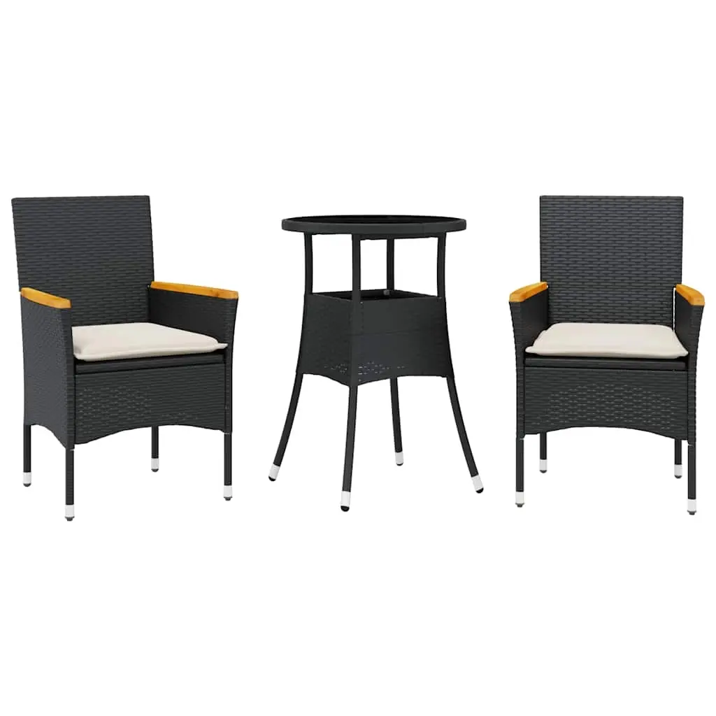 3 Piece Garden Dining Set with Cushions Black Poly Rattan and Glass 3278721 - Furniture
