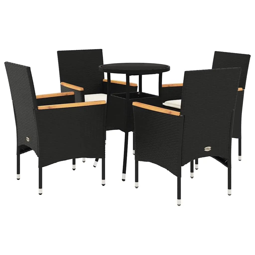5 Piece Garden Dining Set with Cushions Black Poly Rattan and Glass 3278722 - Furniture
