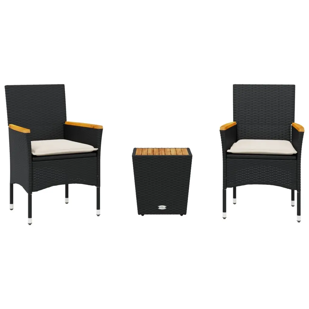 3 Piece Bistro Set with Cushions Black Poly Rattan and Glass 3278745 - Furniture