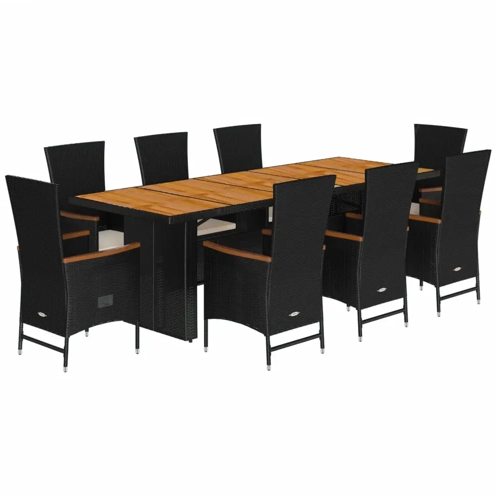 9 Piece Garden Dining Set with Cushions Black Poly Rattan 3277524 - Furniture