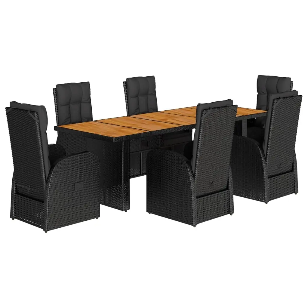7 Piece Garden Dining Set with Cushions Black Poly Rattan 3277632 - Furniture