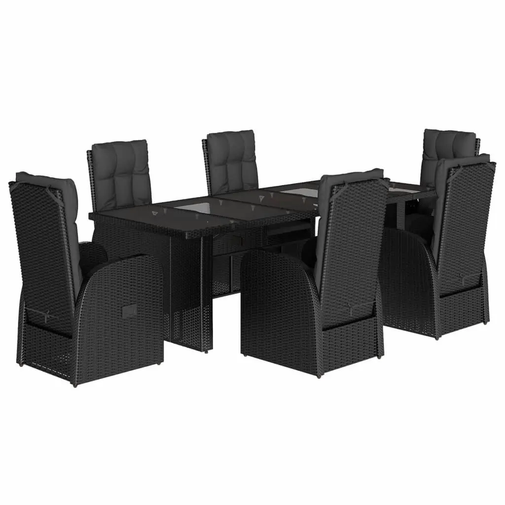 7 Piece Garden Dining Set with Cushions Black Poly Rattan 3277637 - Furniture