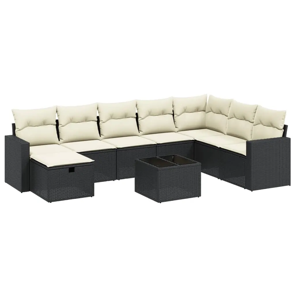 9 Piece Garden Sofa Set with Cushions Black Poly Rattan 3263592 - Furniture
