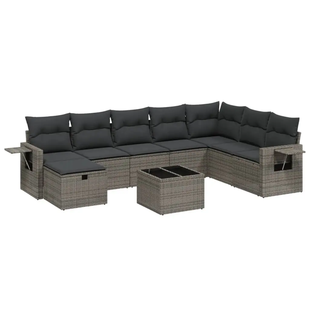 9 Piece Garden Sofa Set with Cushions Grey Poly Rattan 3263906 - Furniture
