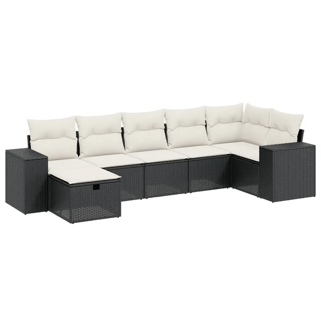 7 Piece Garden Sofa Set with Cushions Black Poly Rattan 3264432 - Furniture