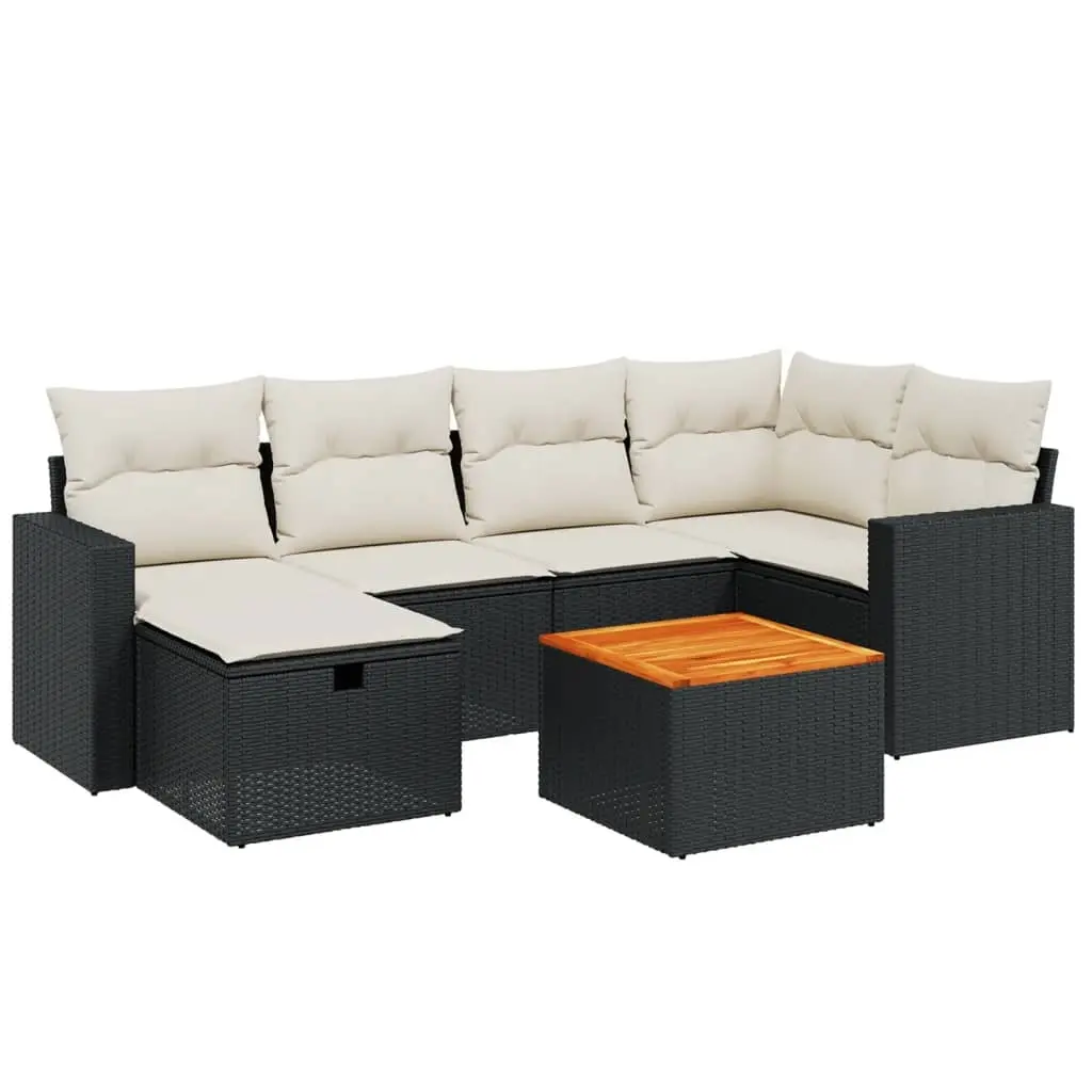 7 Piece Garden Sofa Set with Cushions Black Poly Rattan 3264836 - Furniture