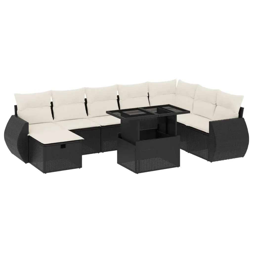9 Piece Garden Sofa Set with Cushions Black Poly Rattan 3275186 - Furniture
