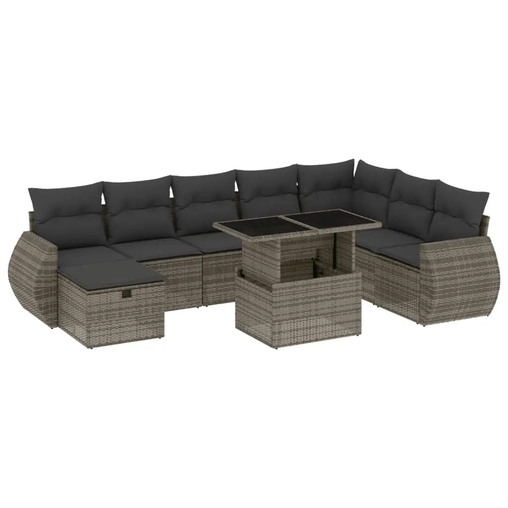 9 Piece Garden Sofa Set with Cushions Grey Poly Rattan 3275190 - Furniture