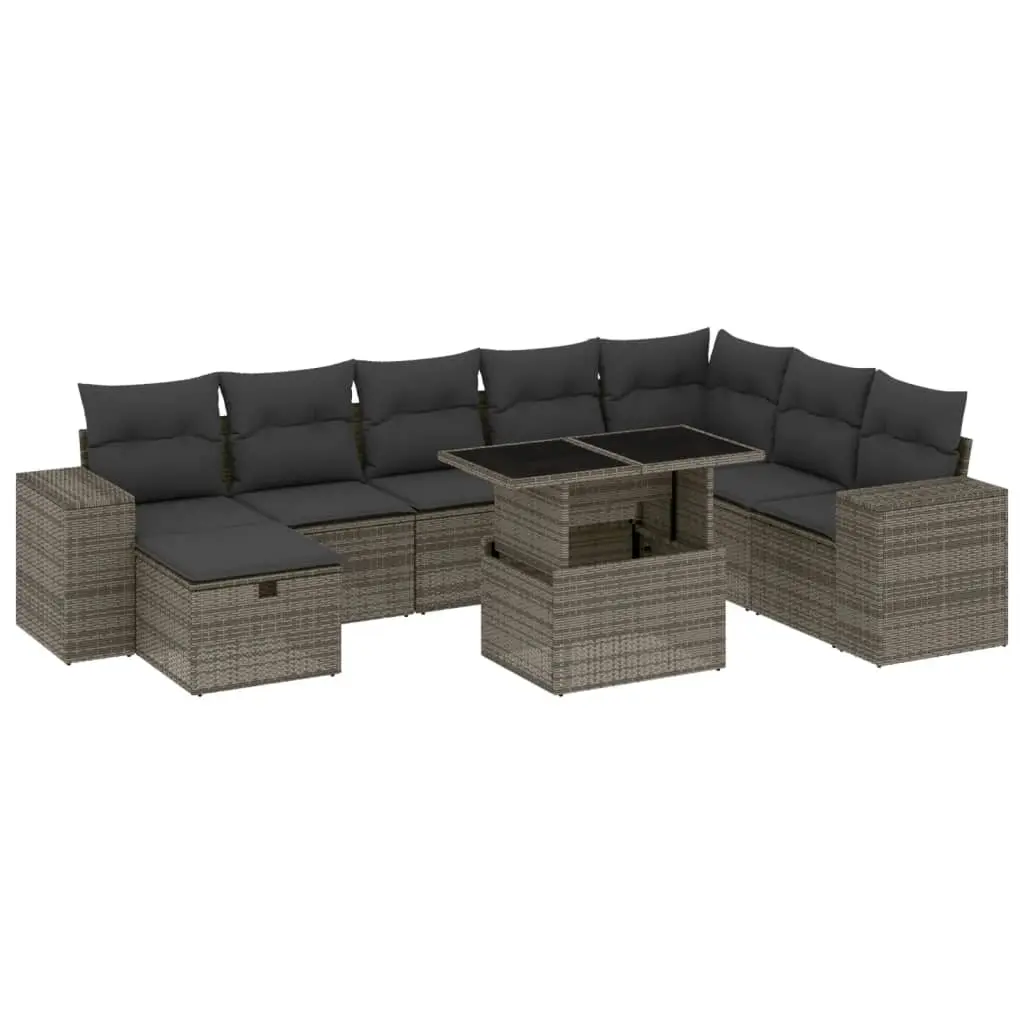 9 Piece Garden Sofa Set with Cushions Grey Poly Rattan 3275350 - Furniture