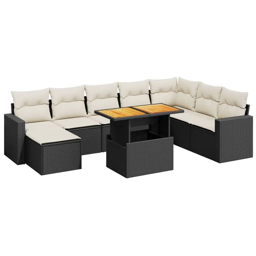 9 Piece Garden Sofa Set with Cushions Black Poly Rattan 3275625 - Furniture
