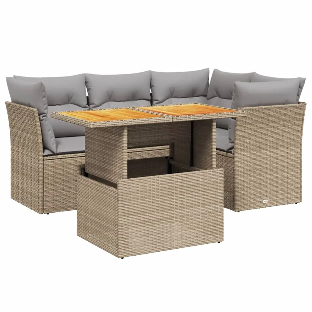 5 Piece Garden Sofa Set with Cushions Beige Poly Rattan 3270814 - Furniture