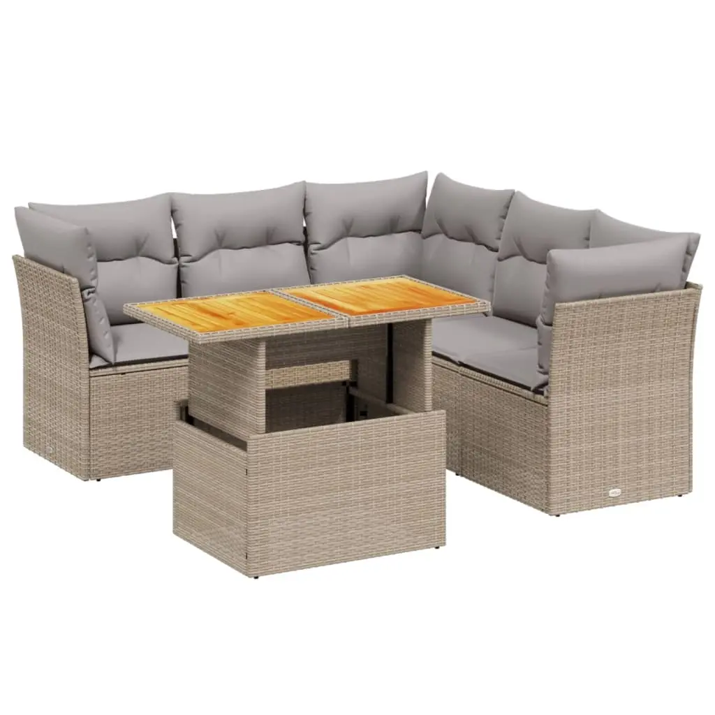 5 Piece Garden Sofa Set with Cushions Beige Poly Rattan 3270828 - Furniture