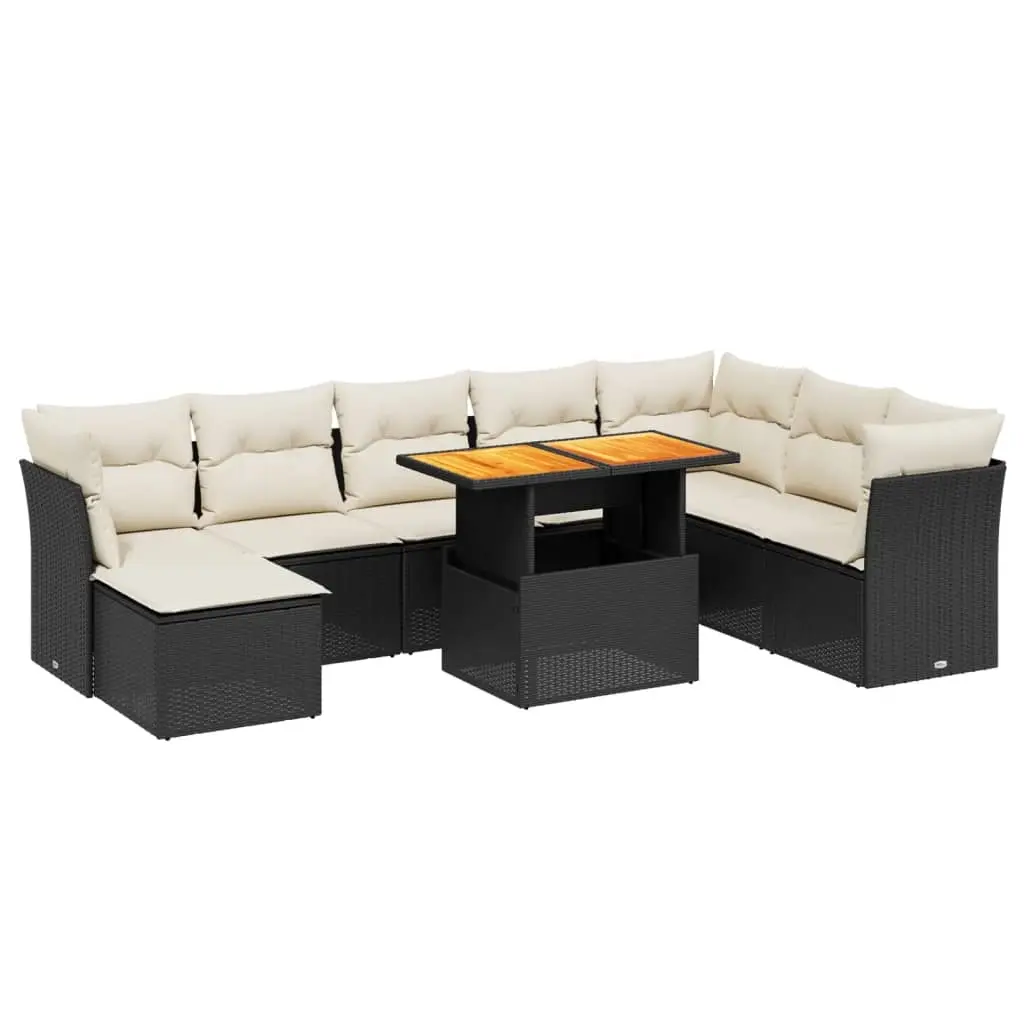 9 Piece Garden Sofa Set with Cushions Black Poly Rattan 3270972 - Furniture