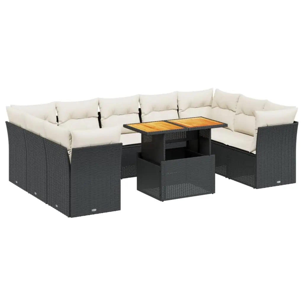 10 Piece Garden Sofa Set with Cushions Black Poly Rattan 3270993 - Furniture