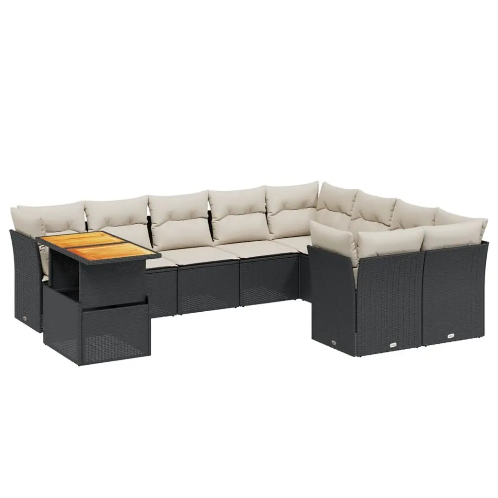10 Piece Garden Sofa Set with Cushions Black Poly Rattan 3271014 - Furniture