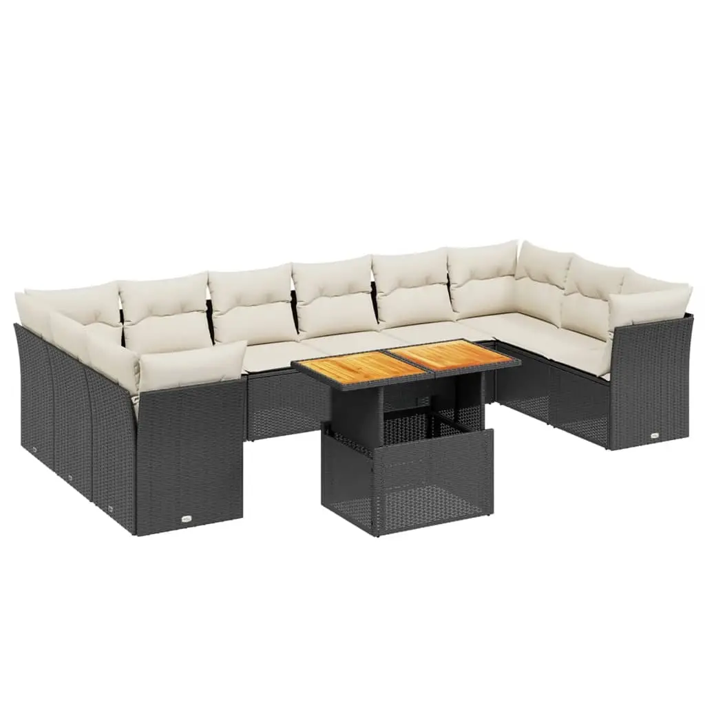 11 Piece Garden Sofa Set with Cushions Black Poly Rattan 3271021 - Furniture