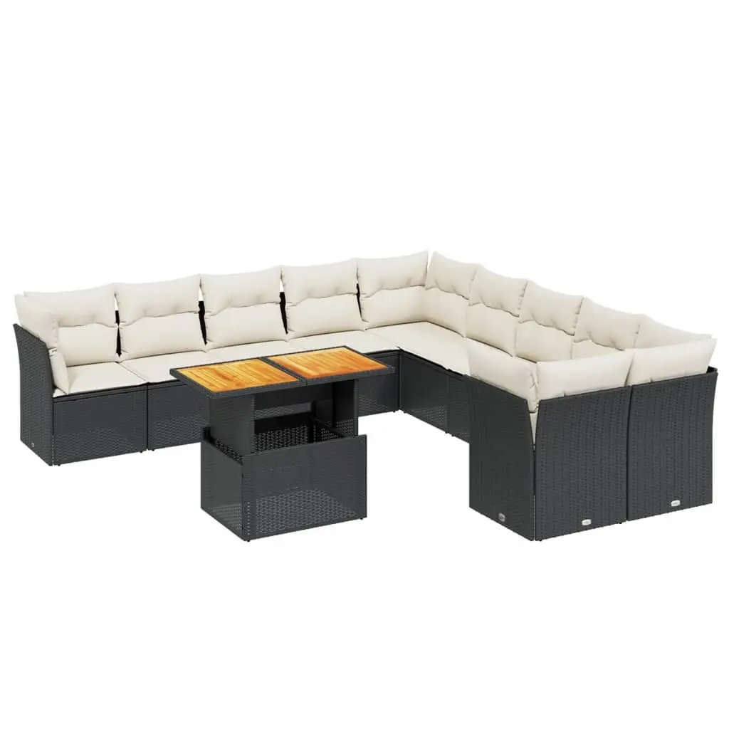11 Piece Garden Sofa Set with Cushions Black Poly Rattan 3271042 - Furniture