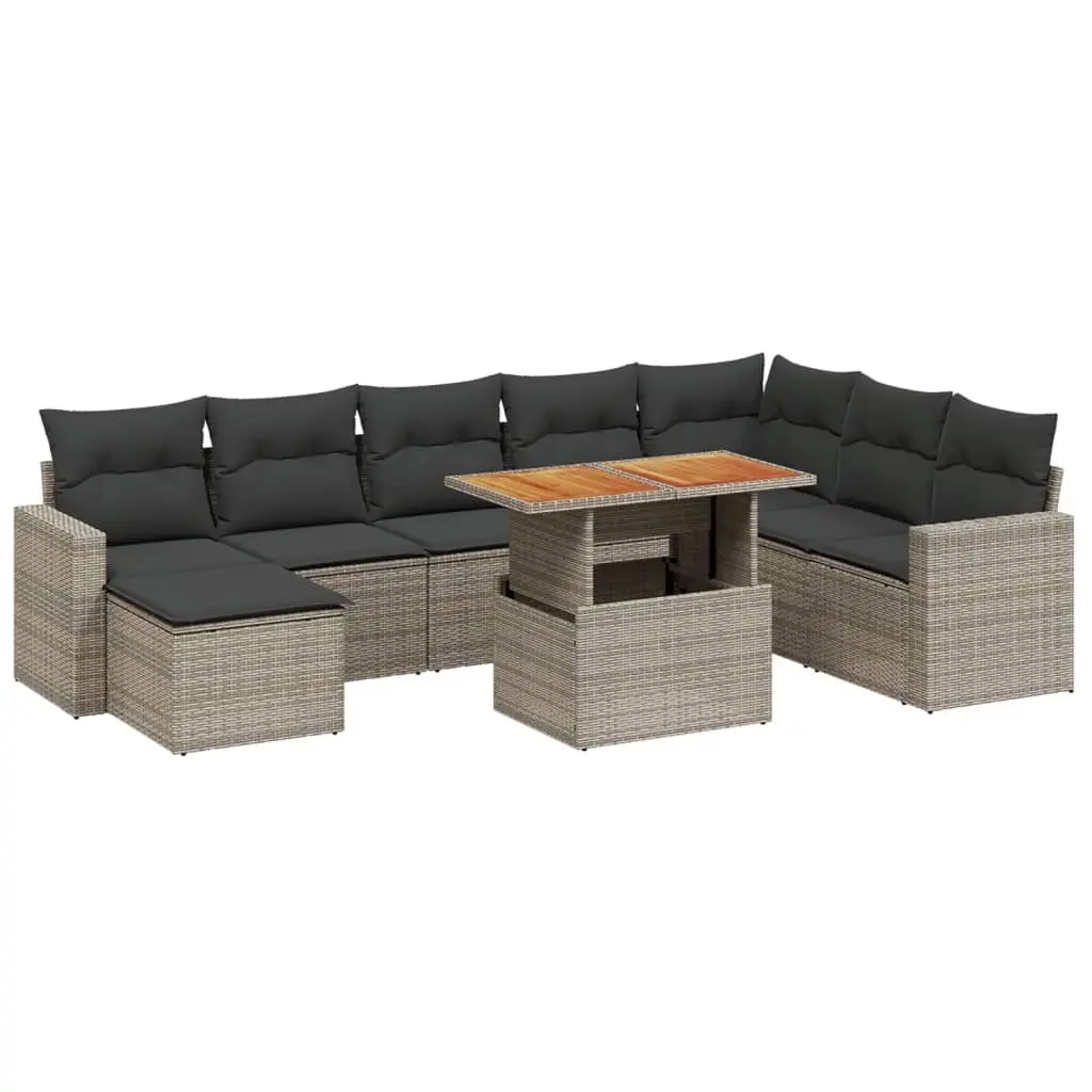 9 Piece Garden Sofa Set with Cushions Grey Poly Rattan 3271452 - Furniture