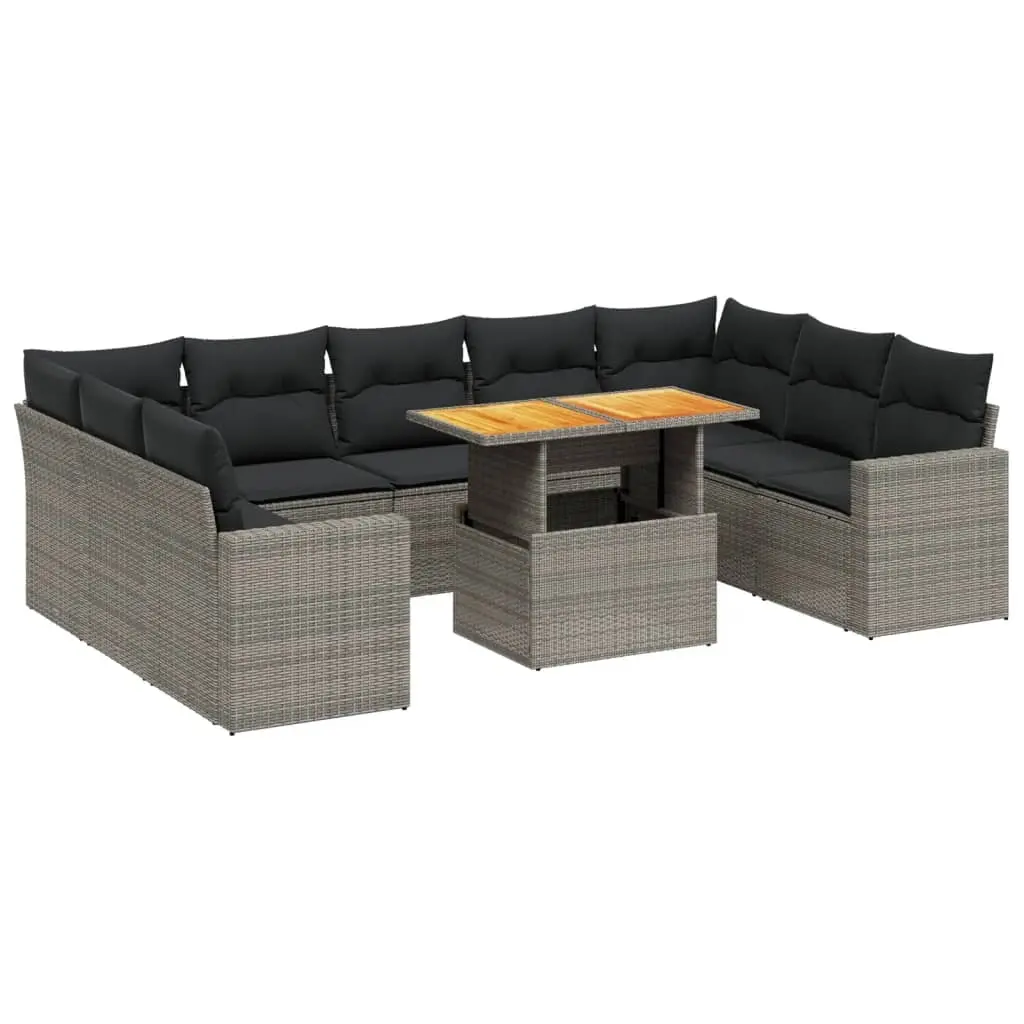 10 Piece Garden Sofa Set with Cushions Grey Poly Rattan 3271459 - Furniture