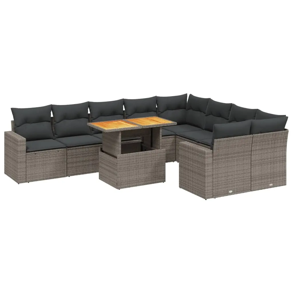 10 Piece Garden Sofa Set with Cushions Grey Poly Rattan 3271473 - Furniture